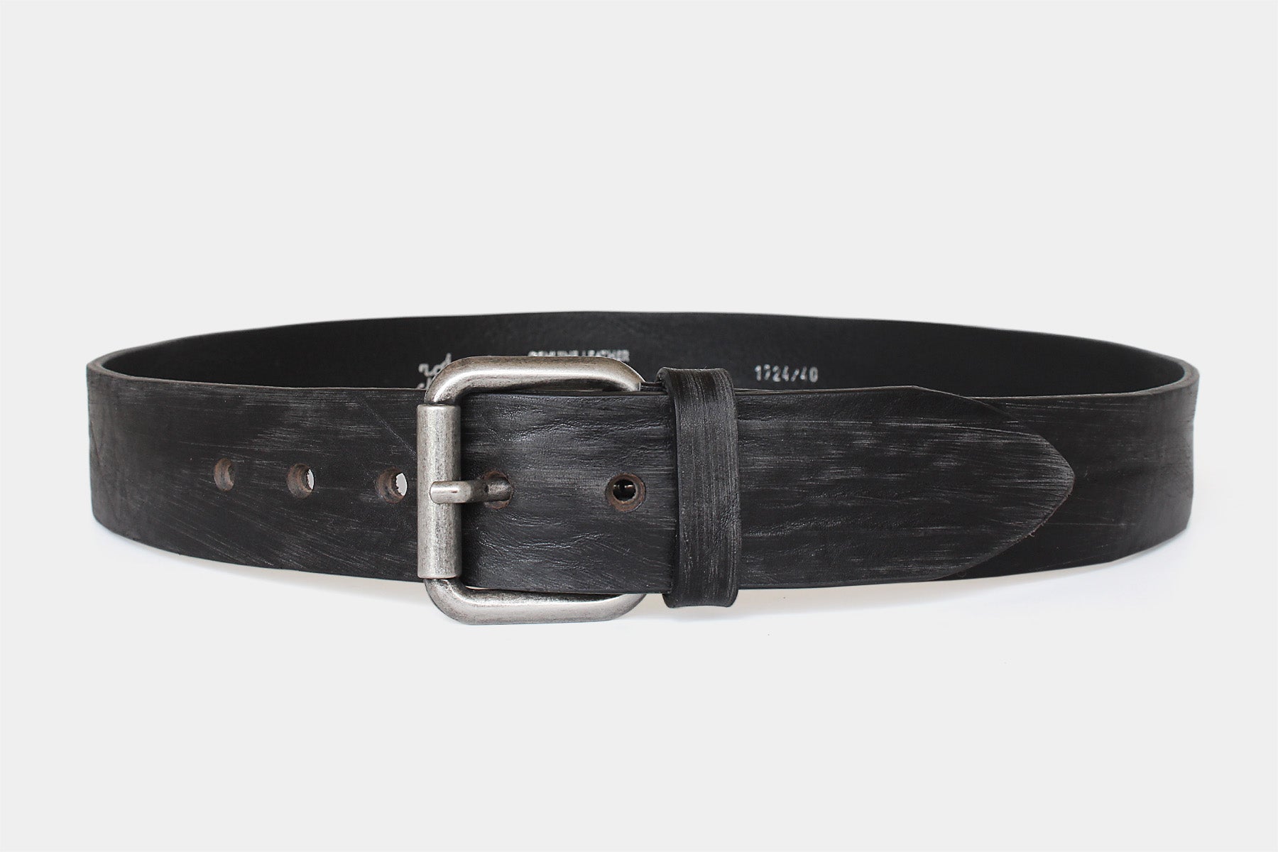 Men’s black Italian distressed solid hide leather jeans belt with roller buckle. Handmade in Italy.