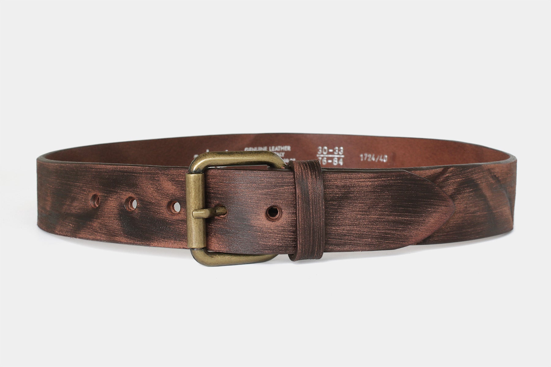 Men’s brown Italian distressed solid hide leather jeans belt with roller buckle. Handmade in Italy.
