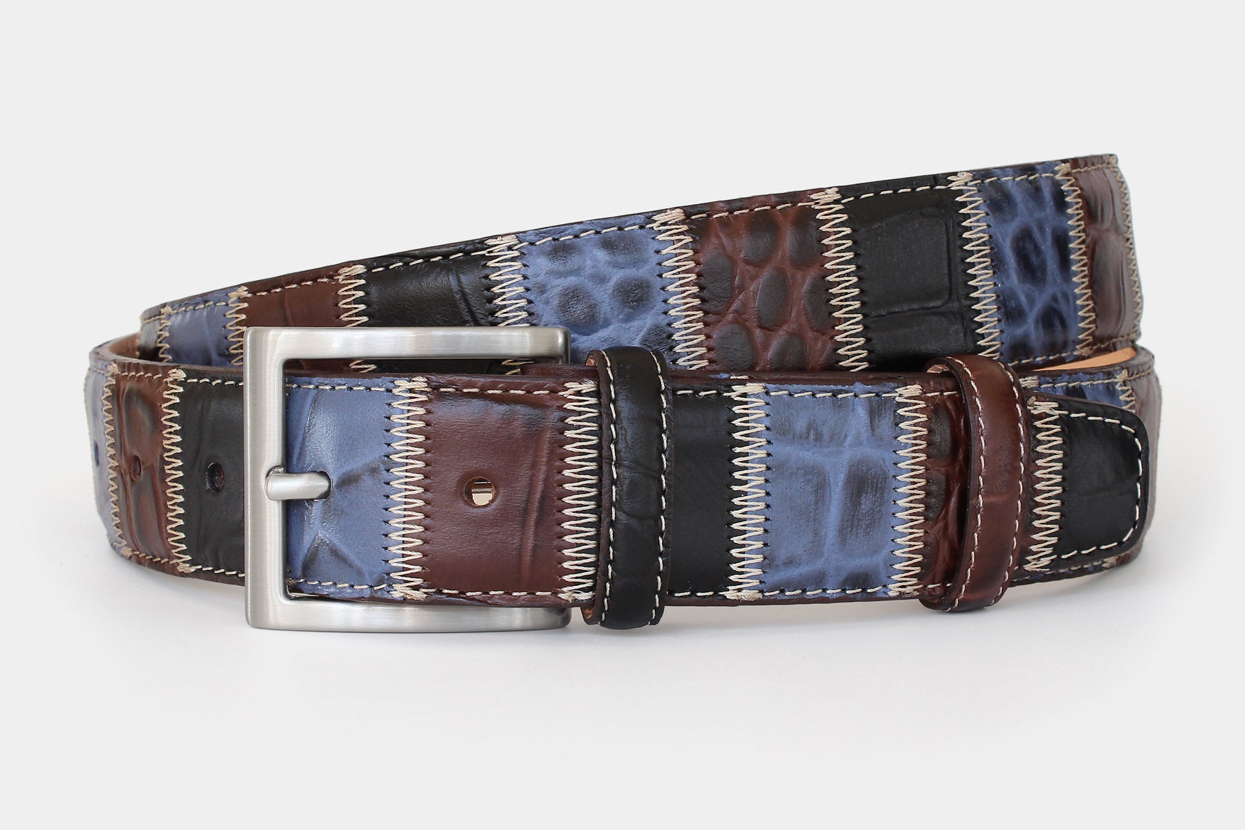 Men’s Italian leather patchwork belt in black, brown and blue, with solid brass buckle. Individually handcrafted in Italy.