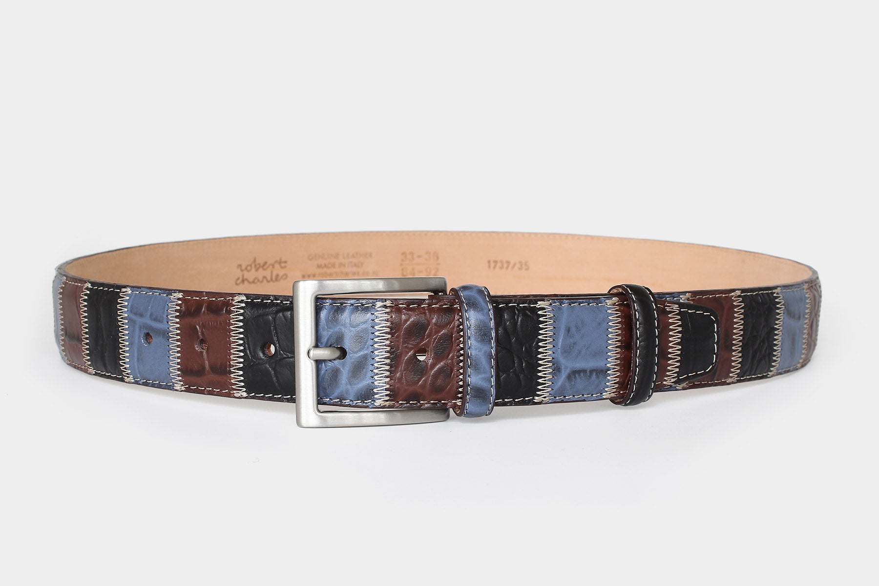 Men's Italian leather belt – patchwork design in brown and black – solid brass buckle