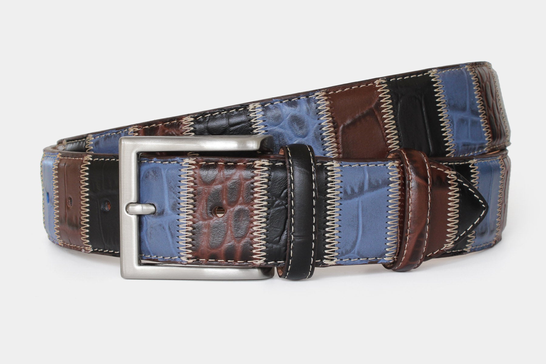 Men’s Italian leather patchwork belt in black, brown and blue, with solid brass buckle in 40mm width. Handcrafted in Italy.