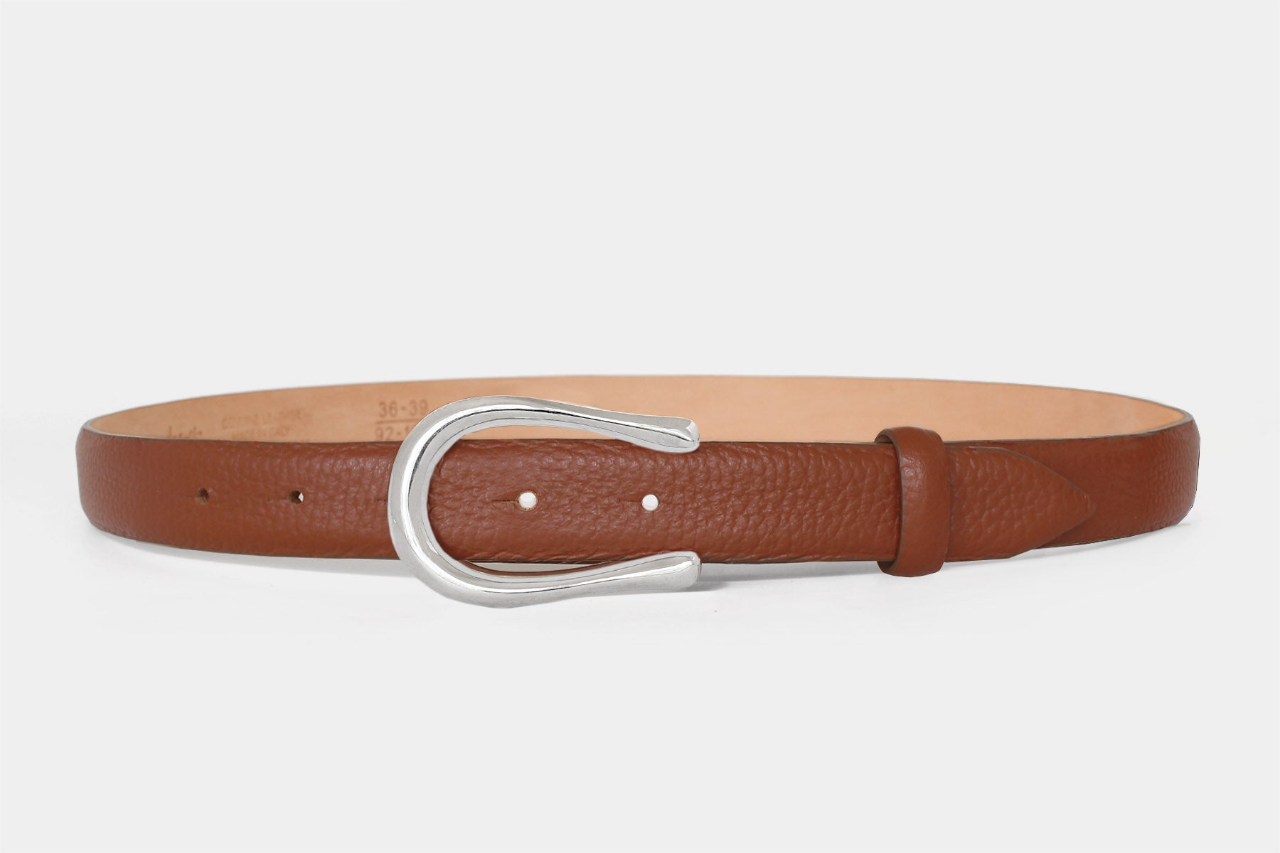Women's slim tan Italian leather belt with polished silver horse shoe buckle