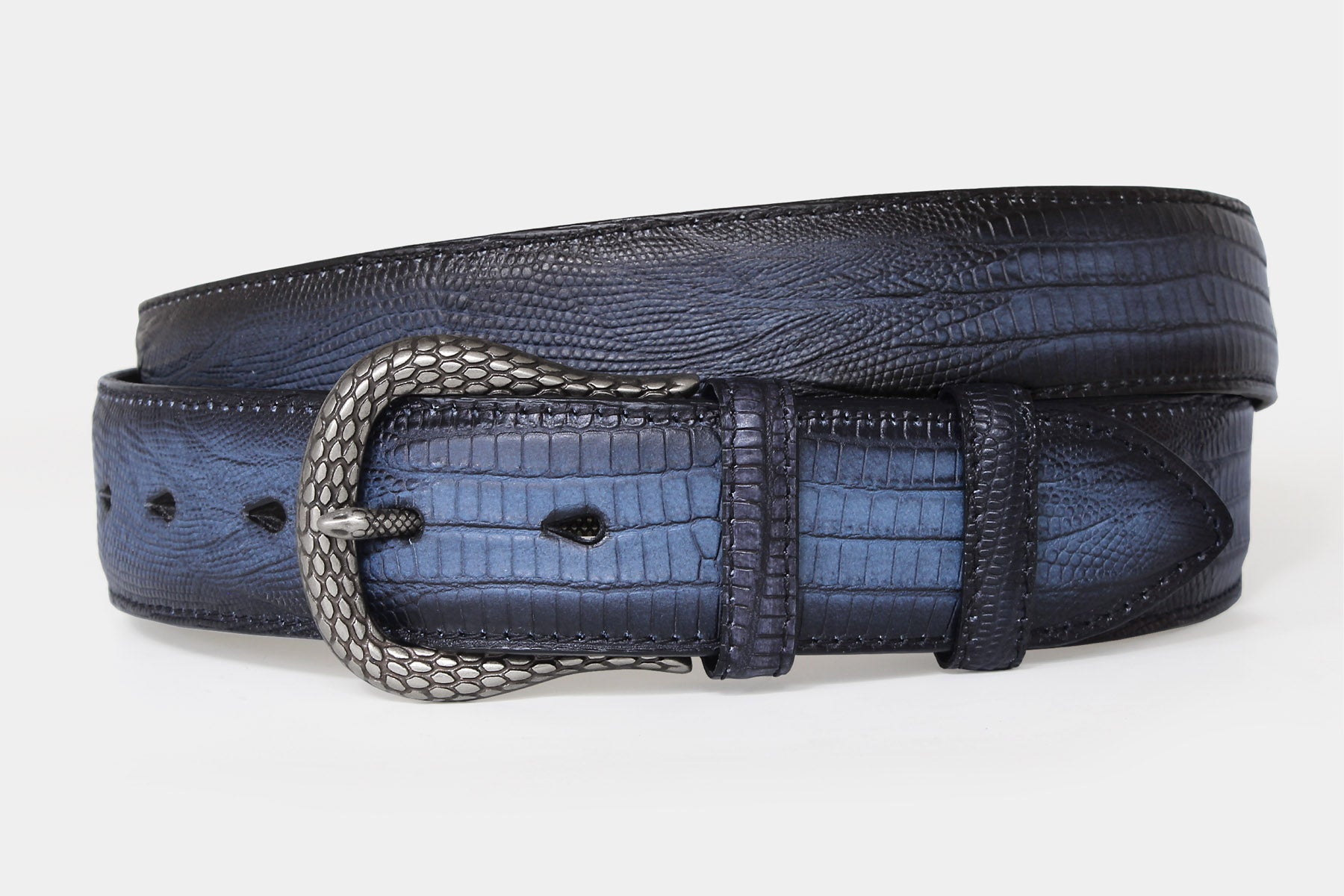 Men's contemporary blue snake skin leather belt with statement buckle