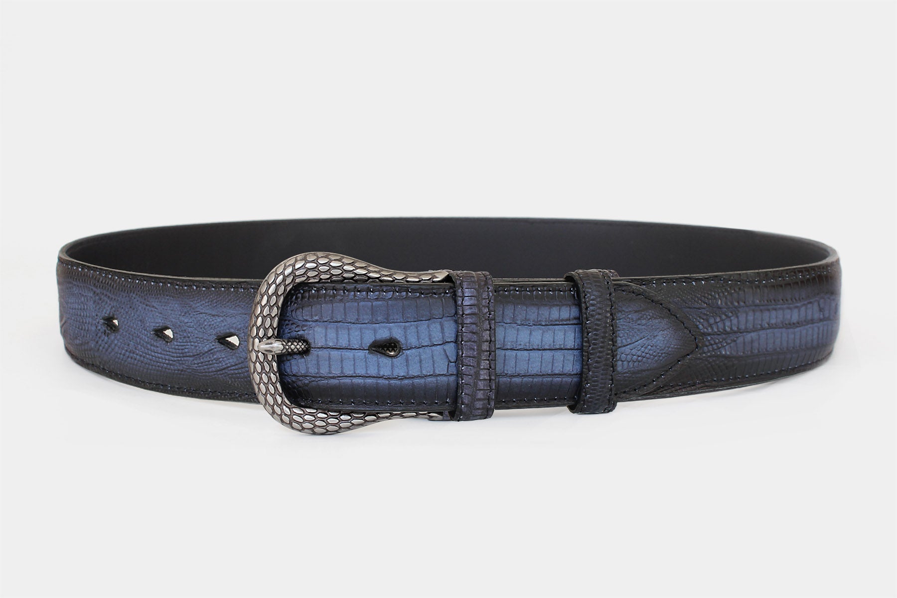 Men's blue snake skin genuine Italian leather belt with statement buckle
