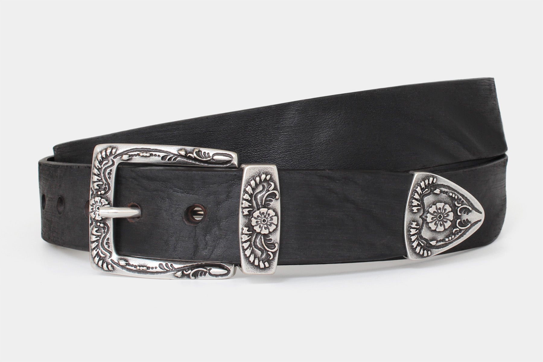 Men’s black Italian solid hide leather jeans belt Western-style floral buckle set. Distressed raw cut finish.