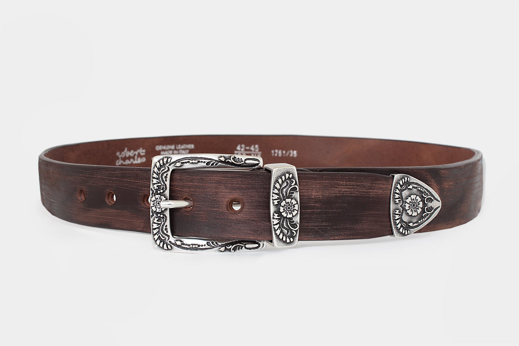 Men’s brown Italian solid hide leather jeans belt Western-style floral buckle set. Handmade in Italy.
