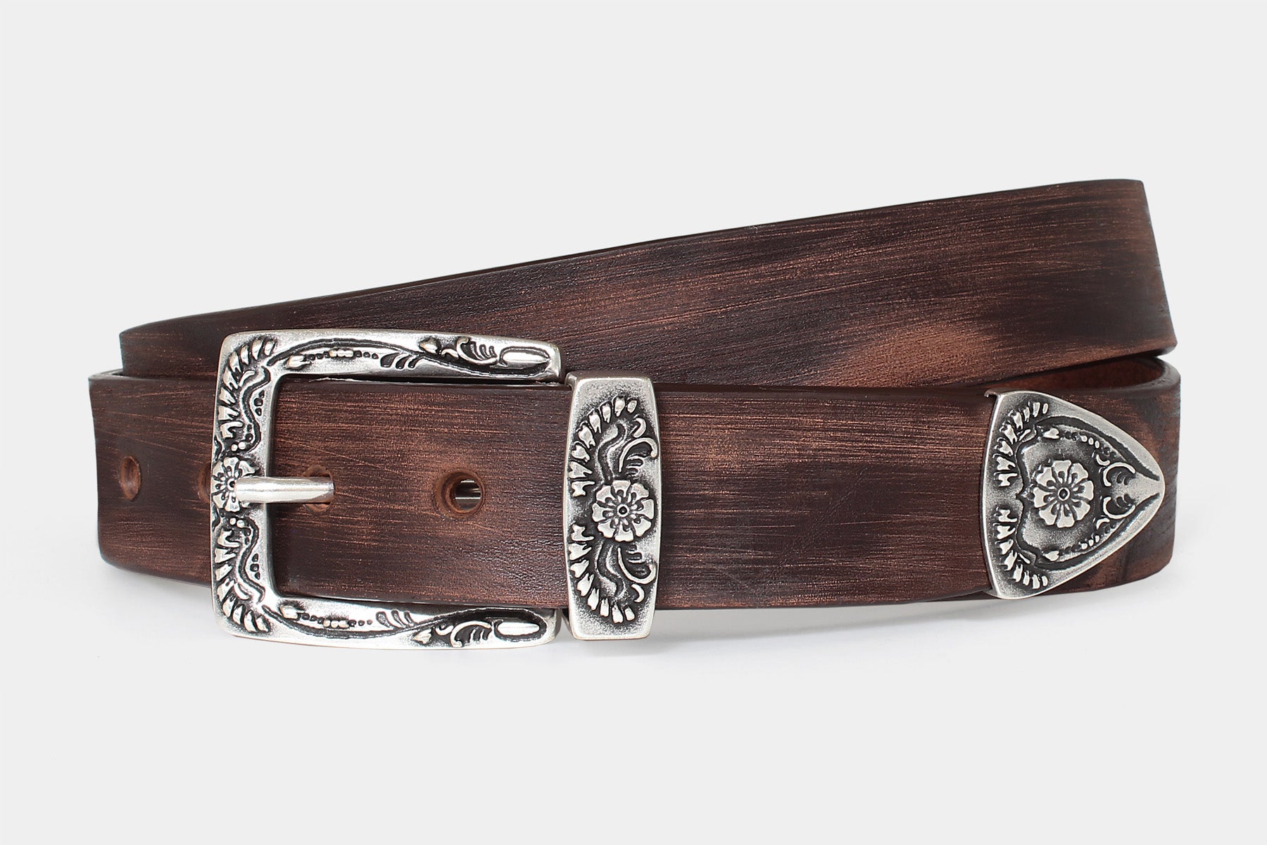 Men’s brown Italian solid hide leather jeans belt Western-style floral buckle set. Distressed raw cut finish.