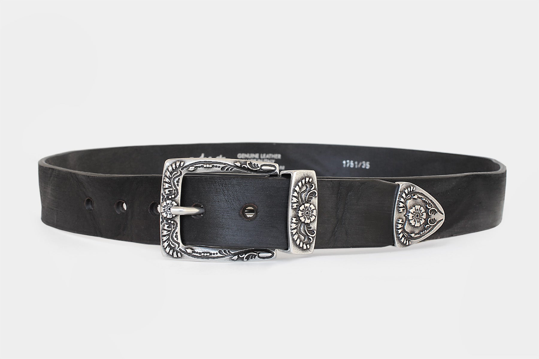 Women’s black Italian solid hide leather jeans belt Western-style floral buckle set. Handmade in Italy.