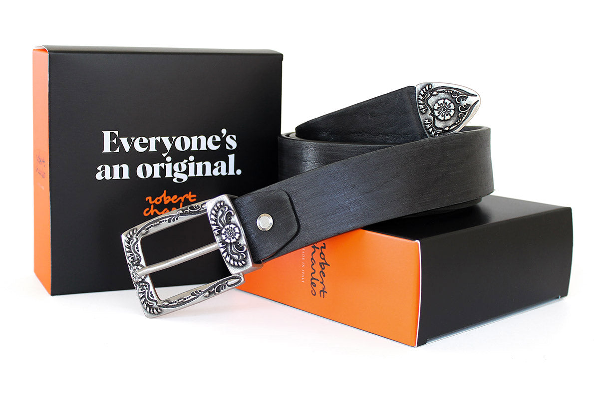 Western style solid hide belt with Robert Charles gift box