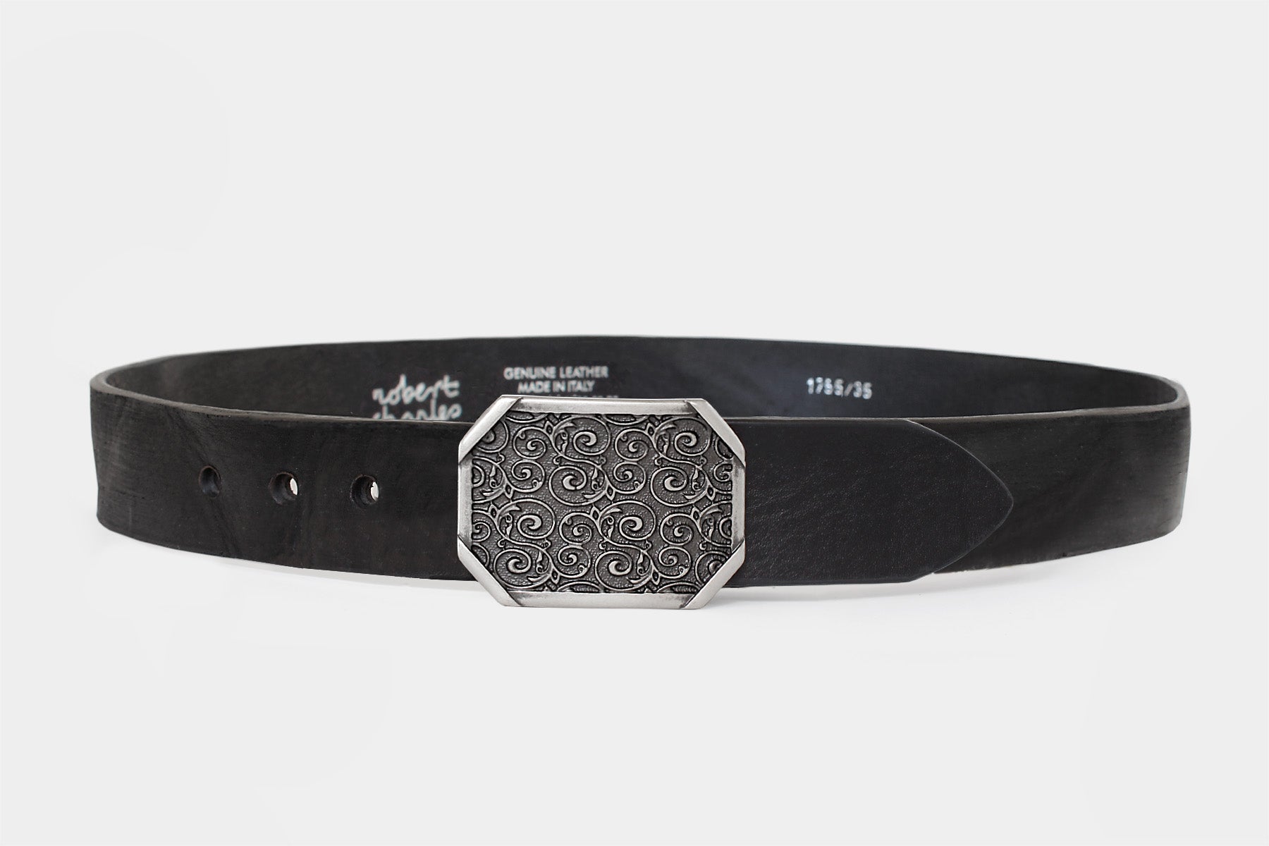 Men’s black Italian solid hide leather jeans belt with western-style plaque buckle. Handmade in Italy.