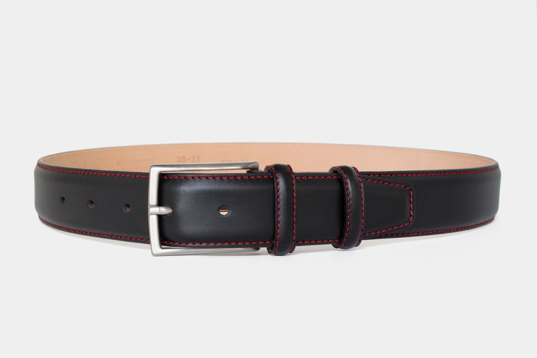 Men’s black calfskin Italian leather belt with solid brass buckle and red stitched edge. Handmade in Italy.