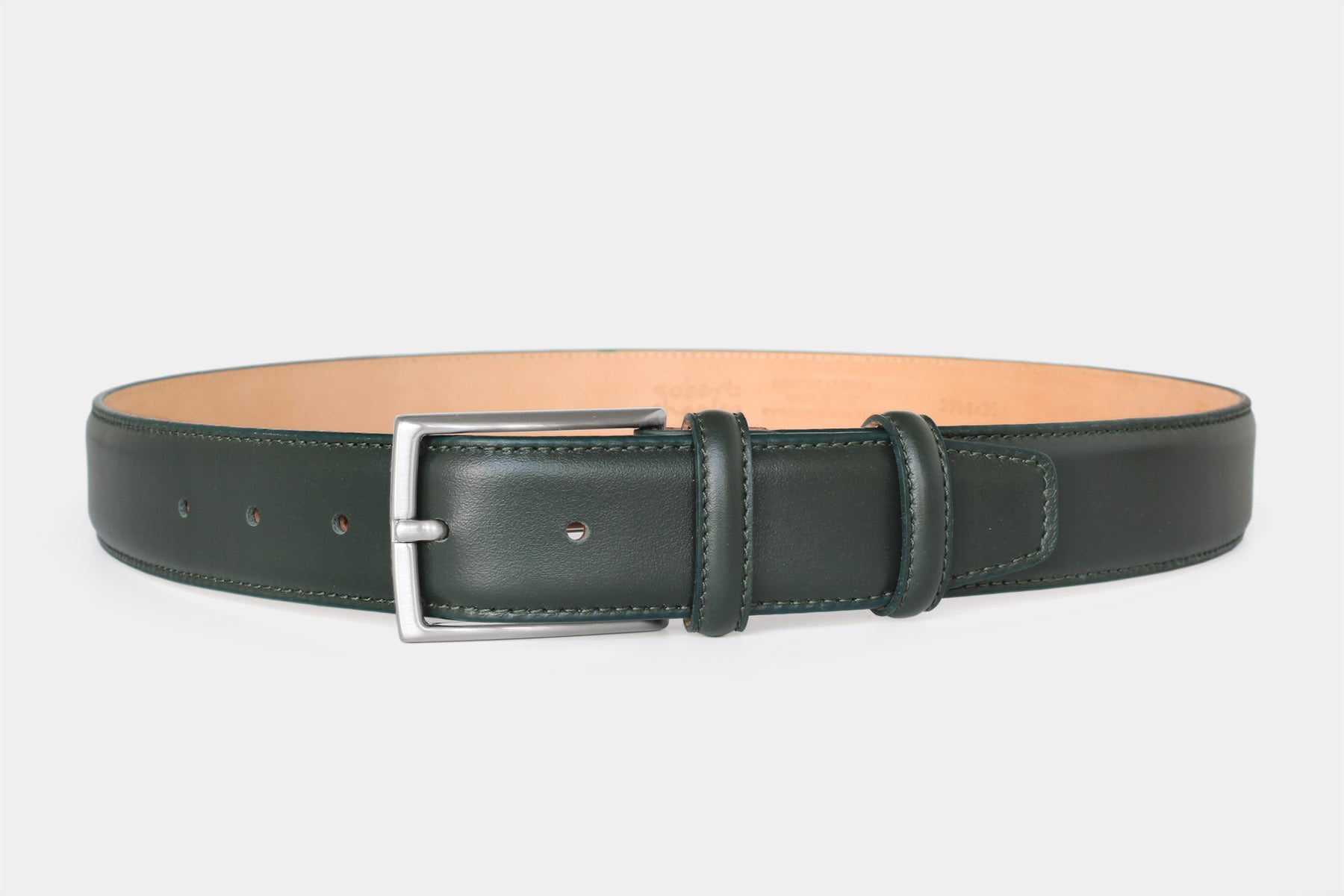 Men’s dark green calfskin Italian leather belt with a classic solid brass buckle and stitched edge. Handmade in Italy.