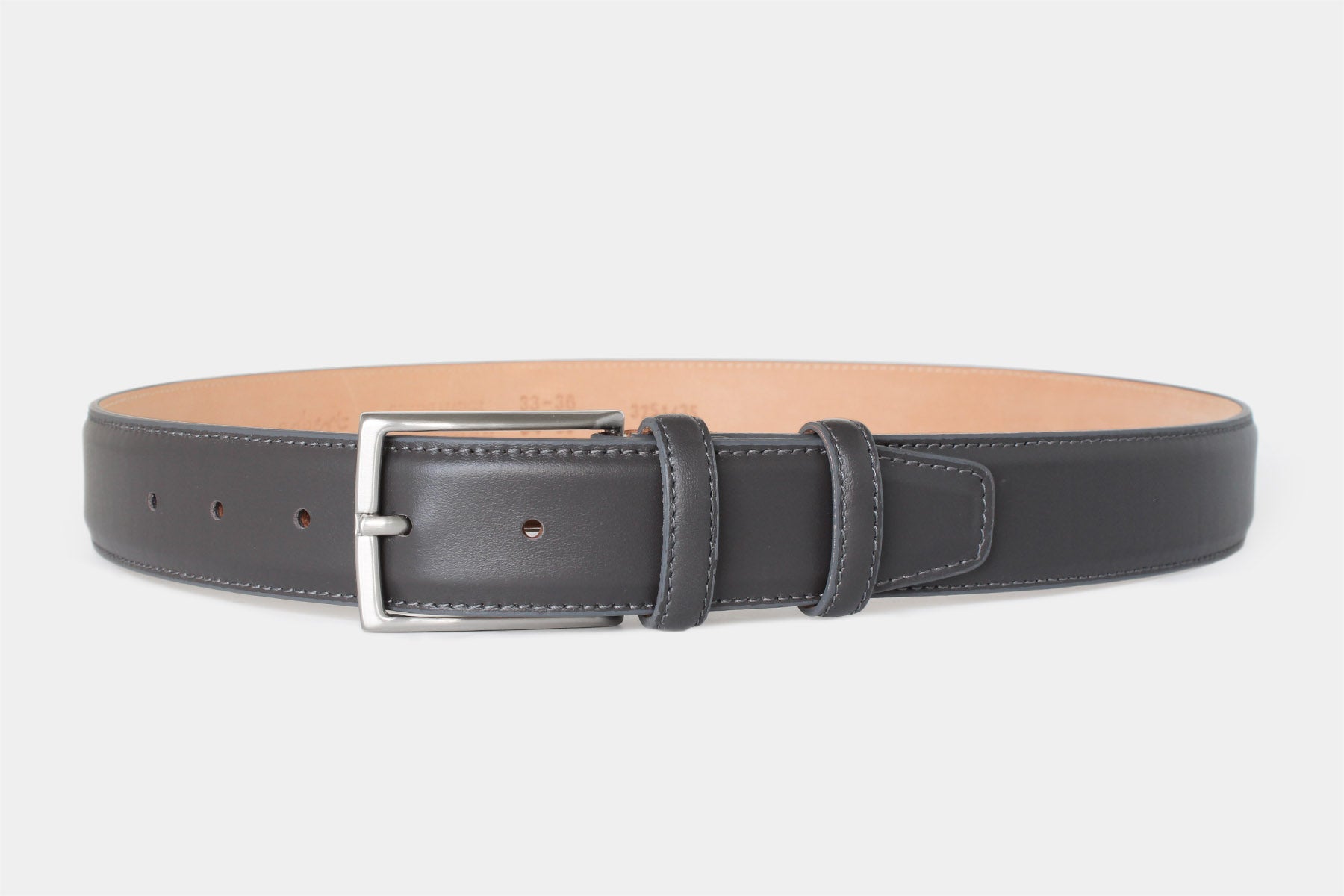 Men’s grey calfskin Italian leather belt with a classic solid brass buckle and stitched edge. Handmade in Italy.
