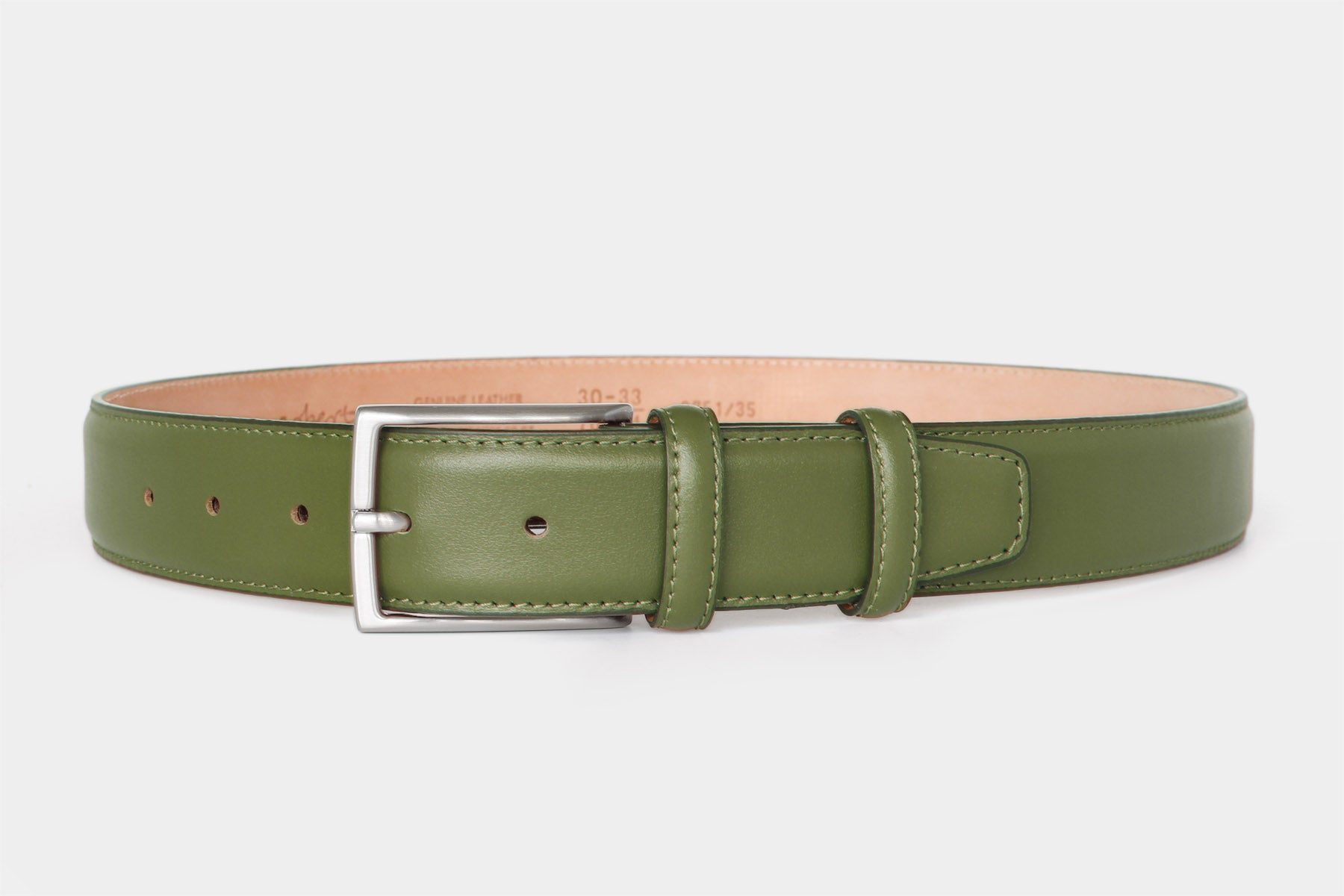 Men’s khaki calfskin Italian leather belt with a classic solid brass buckle and stitched edge. Handmade in Italy.