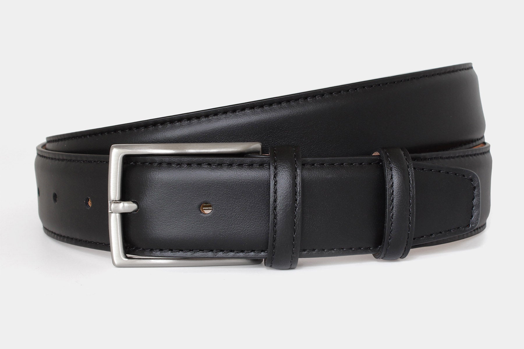 Men’s black genuine Italian calfskin leather belt with classic solid brass buckle and stitched edge.