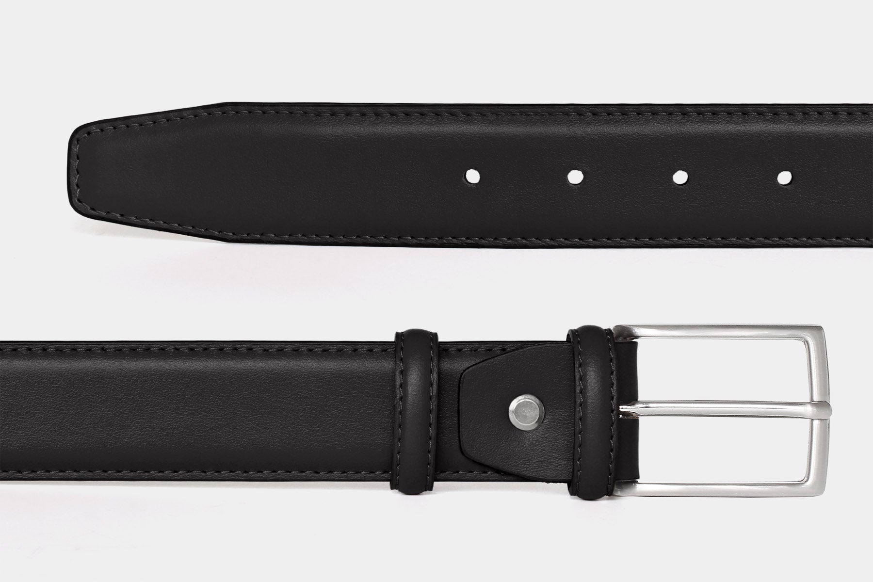 Men's black soft Italian calfskin leather belt with stitched edge finish and sleek silver solid brass buckle. Made in Italy.