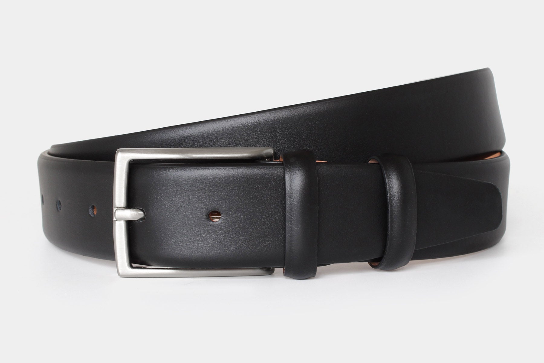 Men’s black genuine Italian calfskin leather belt with classic silver buckle and feather edge finish.
