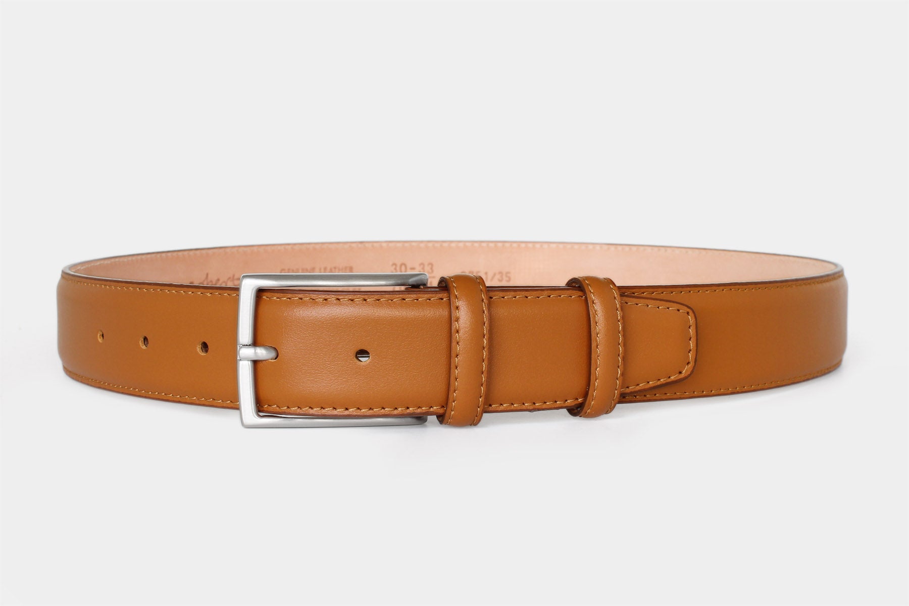 Men’s tan calfskin Italian leather belt with silver buckle and stitched edge. Handmade in Italy.