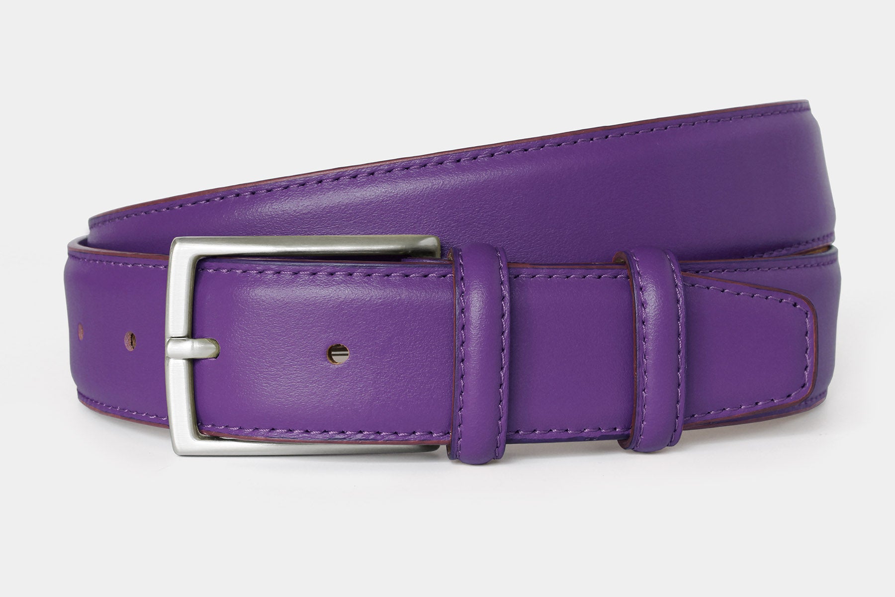 Men’s purple genuine Italian calfskin leather belt with classic solid brass buckle and stitched edge finish.