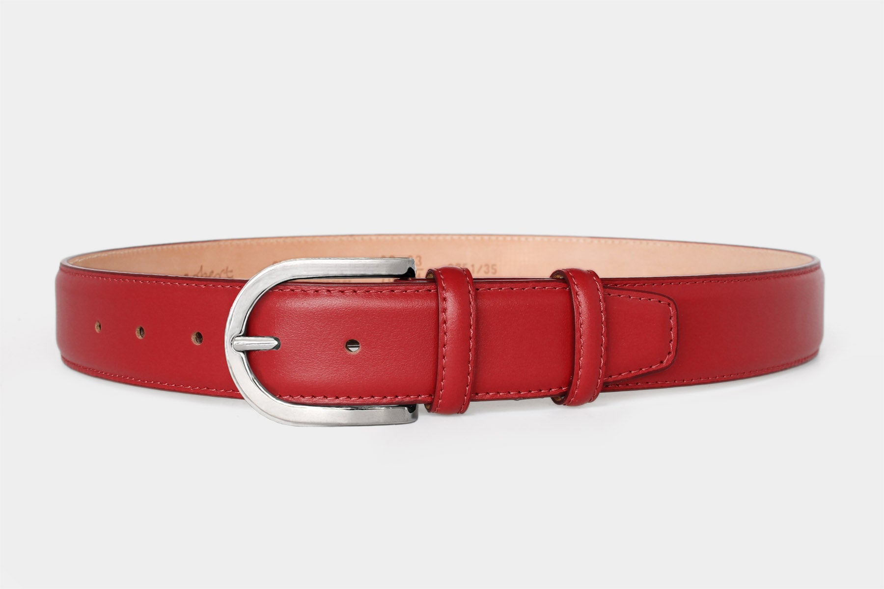 Women's striking red soft Italian calfskin leather belt with a polished silver buckle. Handmade in Italy.