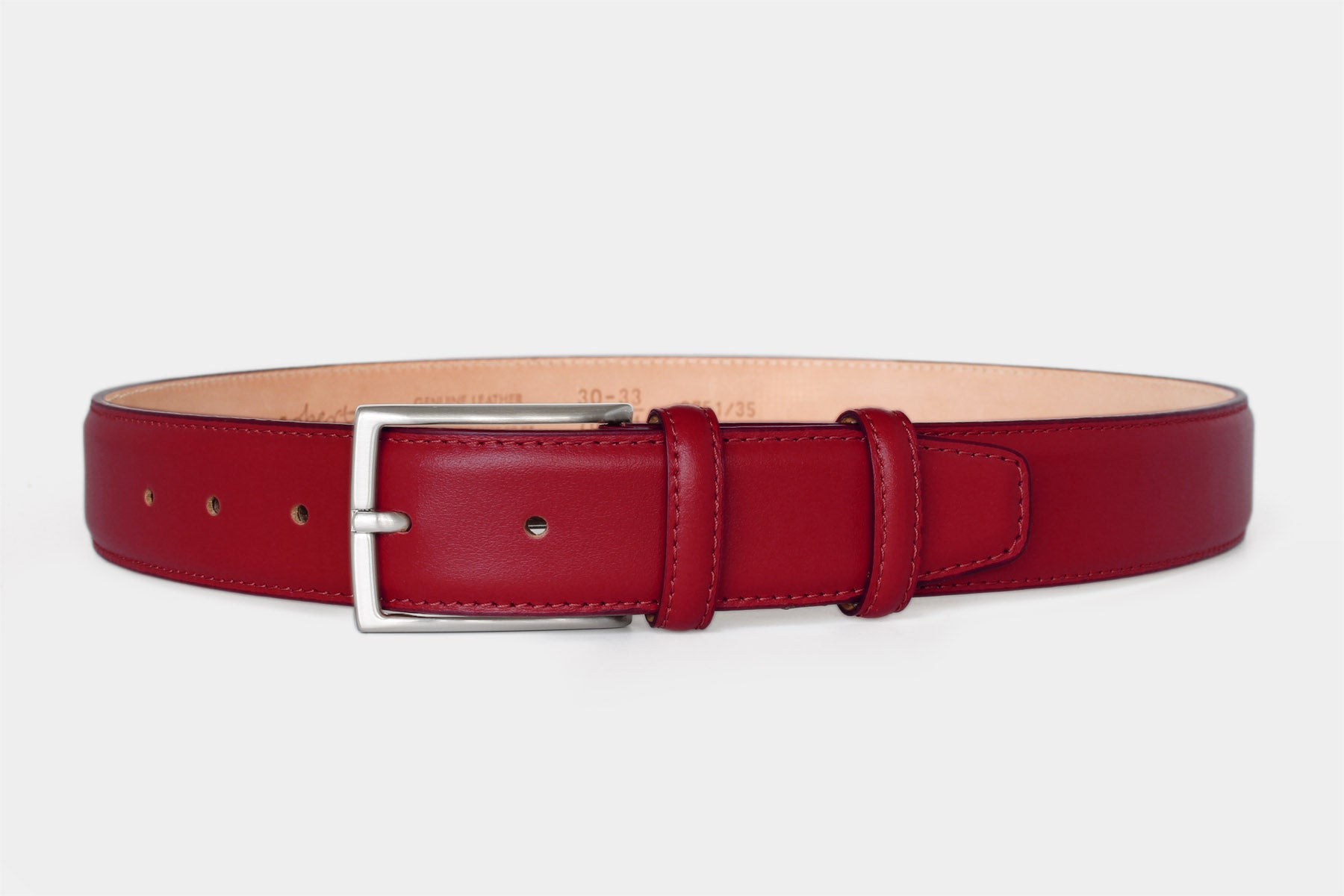 Men’s wine calfskin Italian leather belt with a classic solid brass buckle and stitched edge. Handmade in Italy.