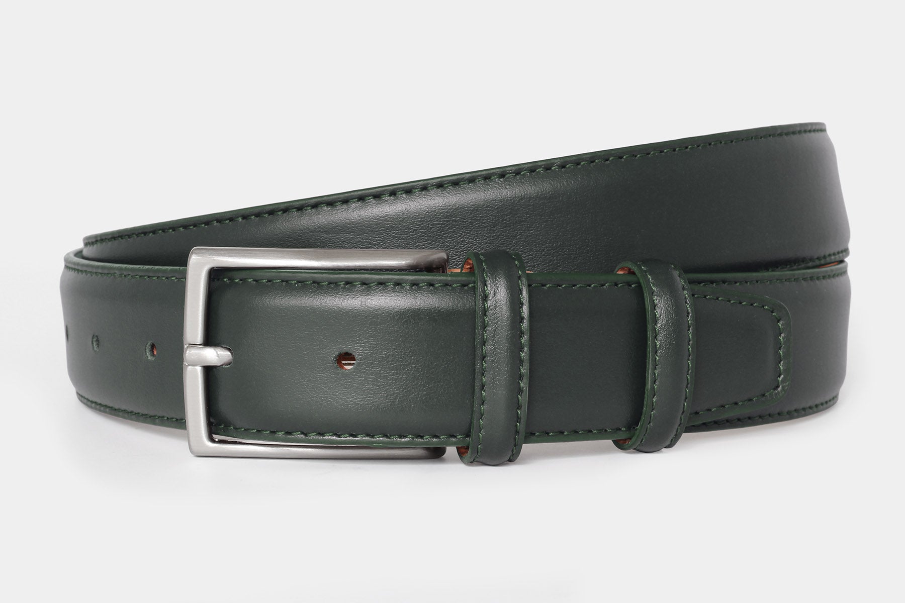 Men’s dark green genuine Italian calfskin leather belt with classic solid brass buckle and stitched edge finish.