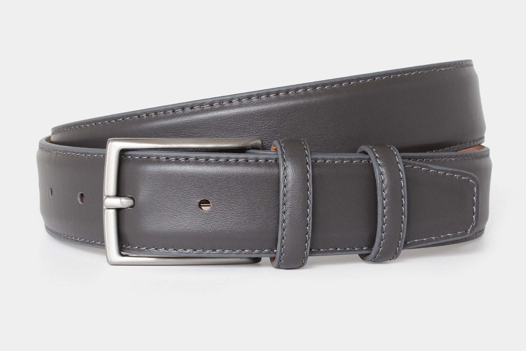 Men’s grey genuine Italian calfskin leather belt with classic solid brass buckle and stitched edge finish.