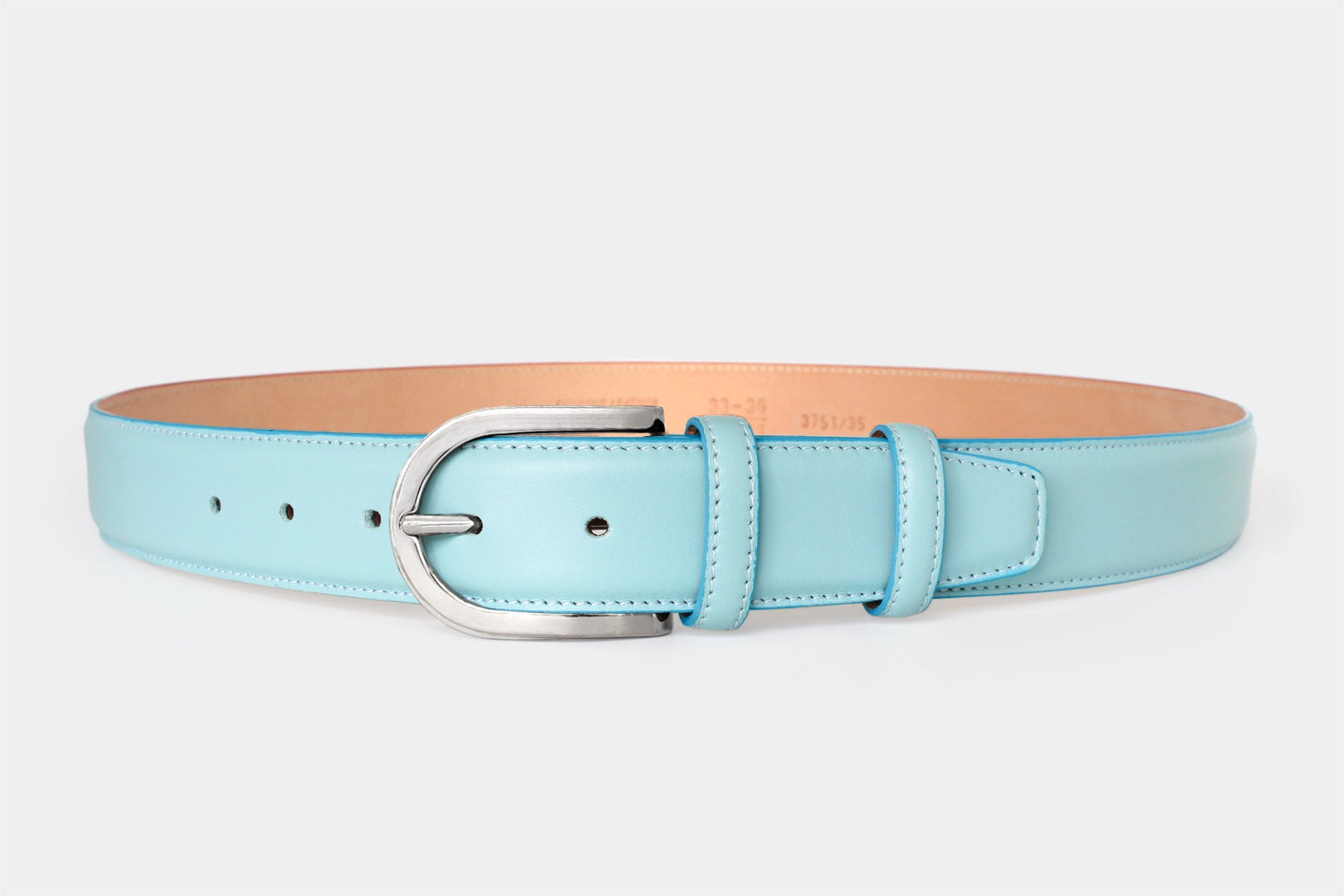 Women's ice blue soft Italian calfskin leather belt with a polished silver buckle. Handmade in Italy.