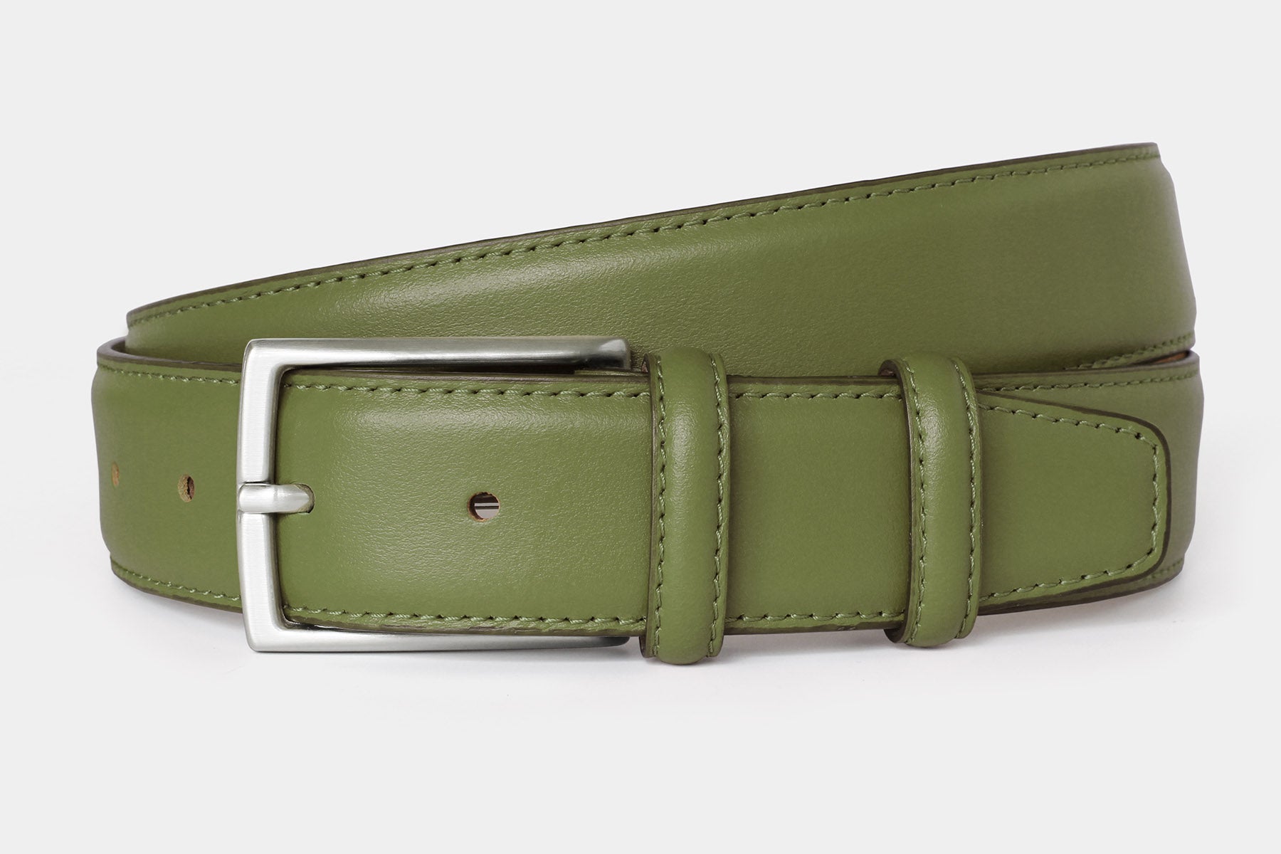 Men’s khaki genuine Italian calfskin leather belt with classic solid brass buckle and stitched edge finish.