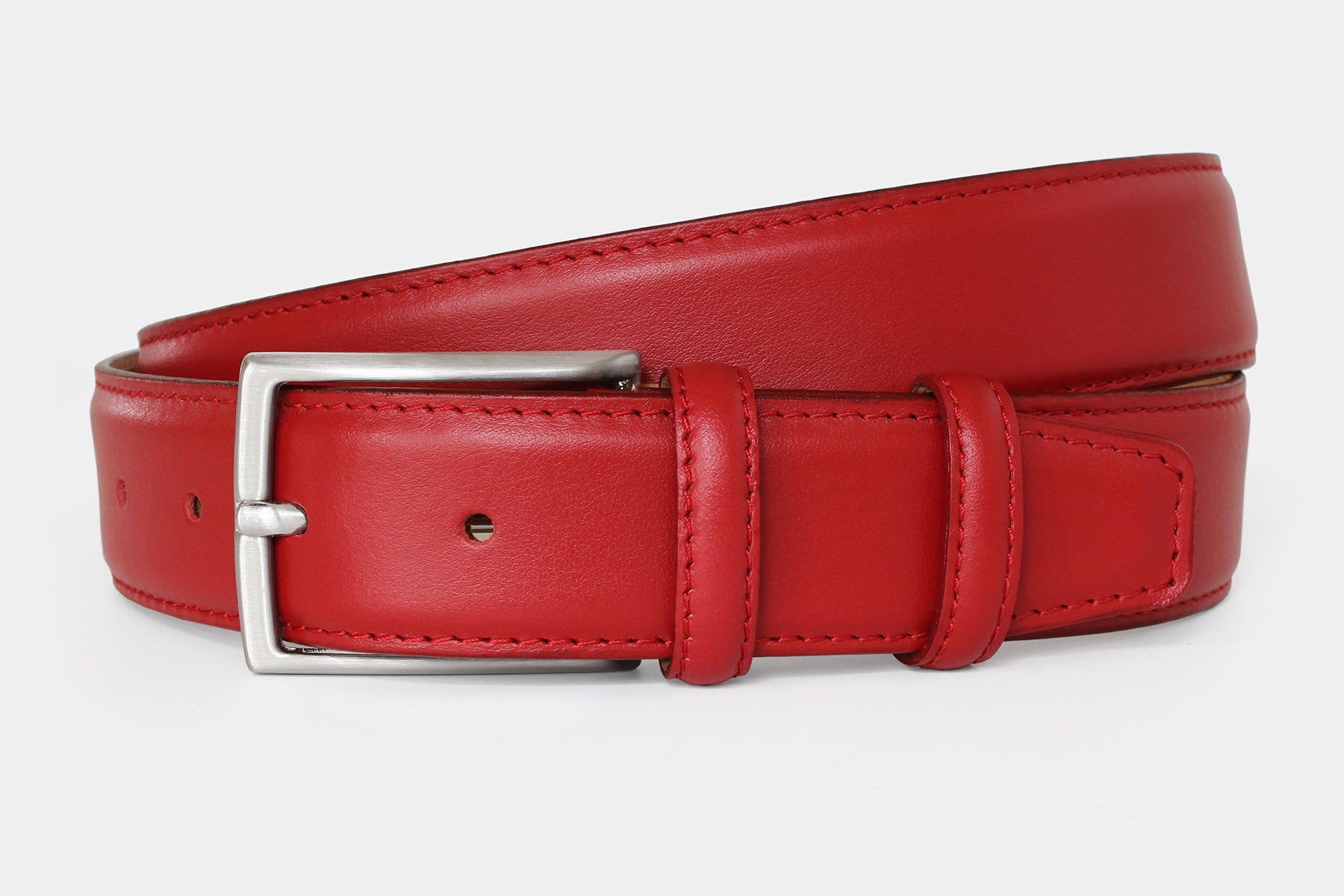 Men’s red genuine Italian calfskin leather belt with classic solid brass buckle and stitched edge finish.