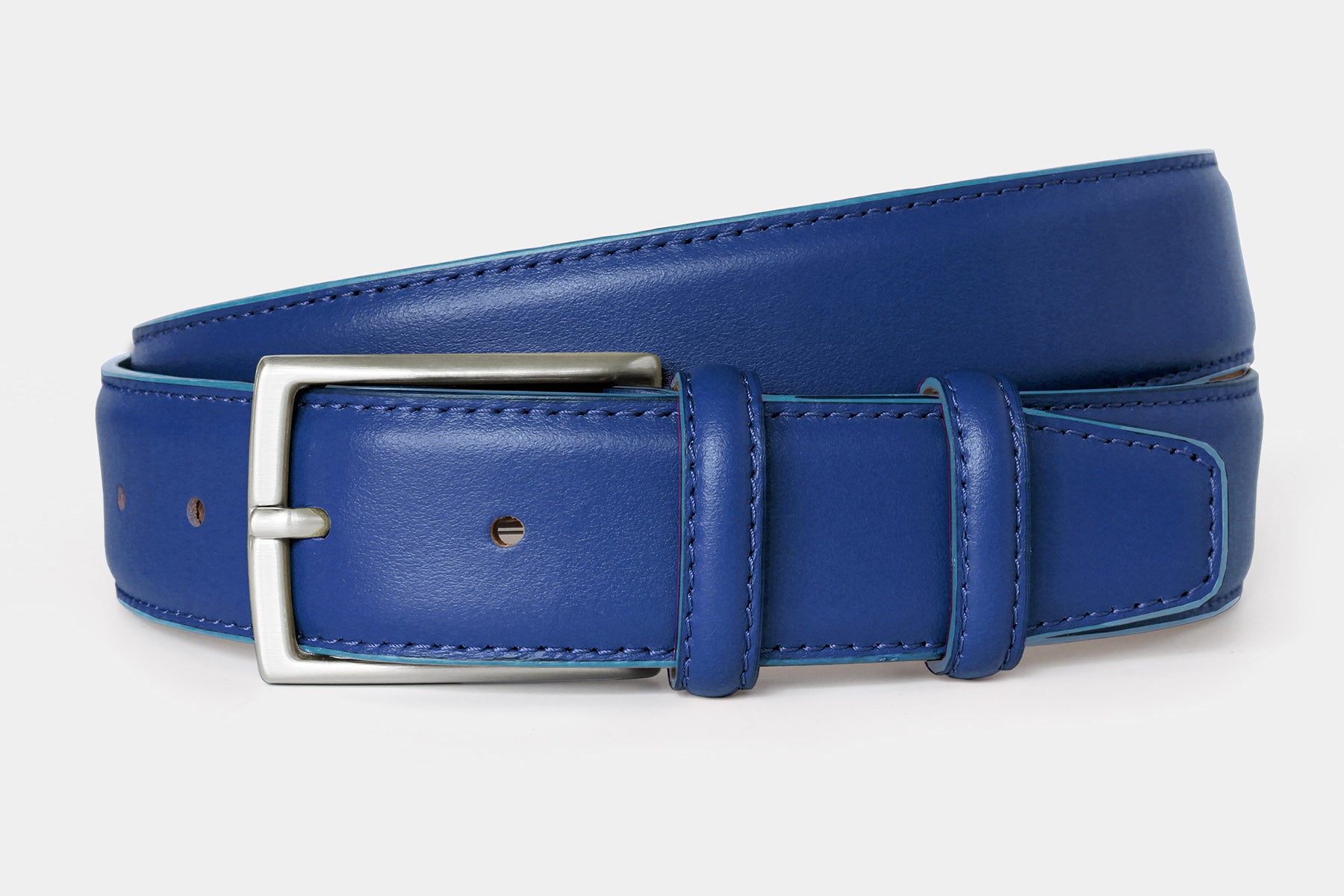 Men’s royal blue genuine Italian calfskin leather belt with classic solid brass buckle and stitched edge finish.