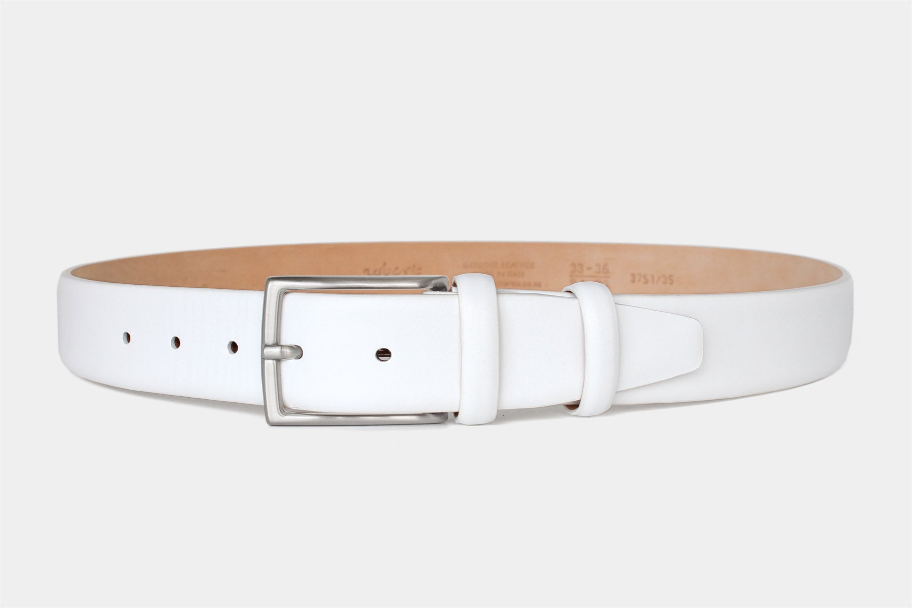 Men’s white calfskin Italian leather belt with a classic solid brass buckle and feather edge finish. Handmade in Italy.