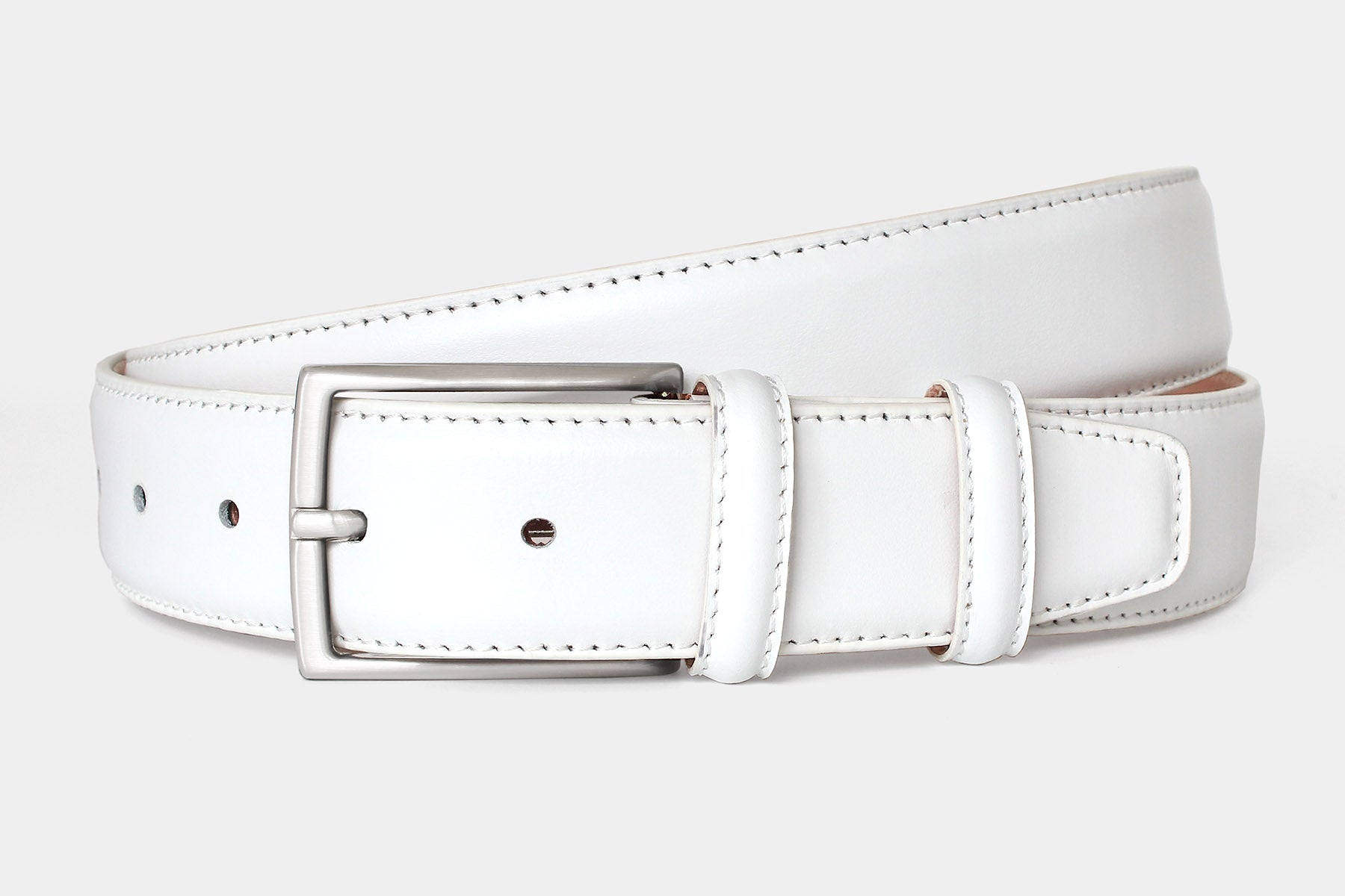 Men’s white genuine Italian calfskin leather belt with classic solid brass buckle and stitched edge finish.