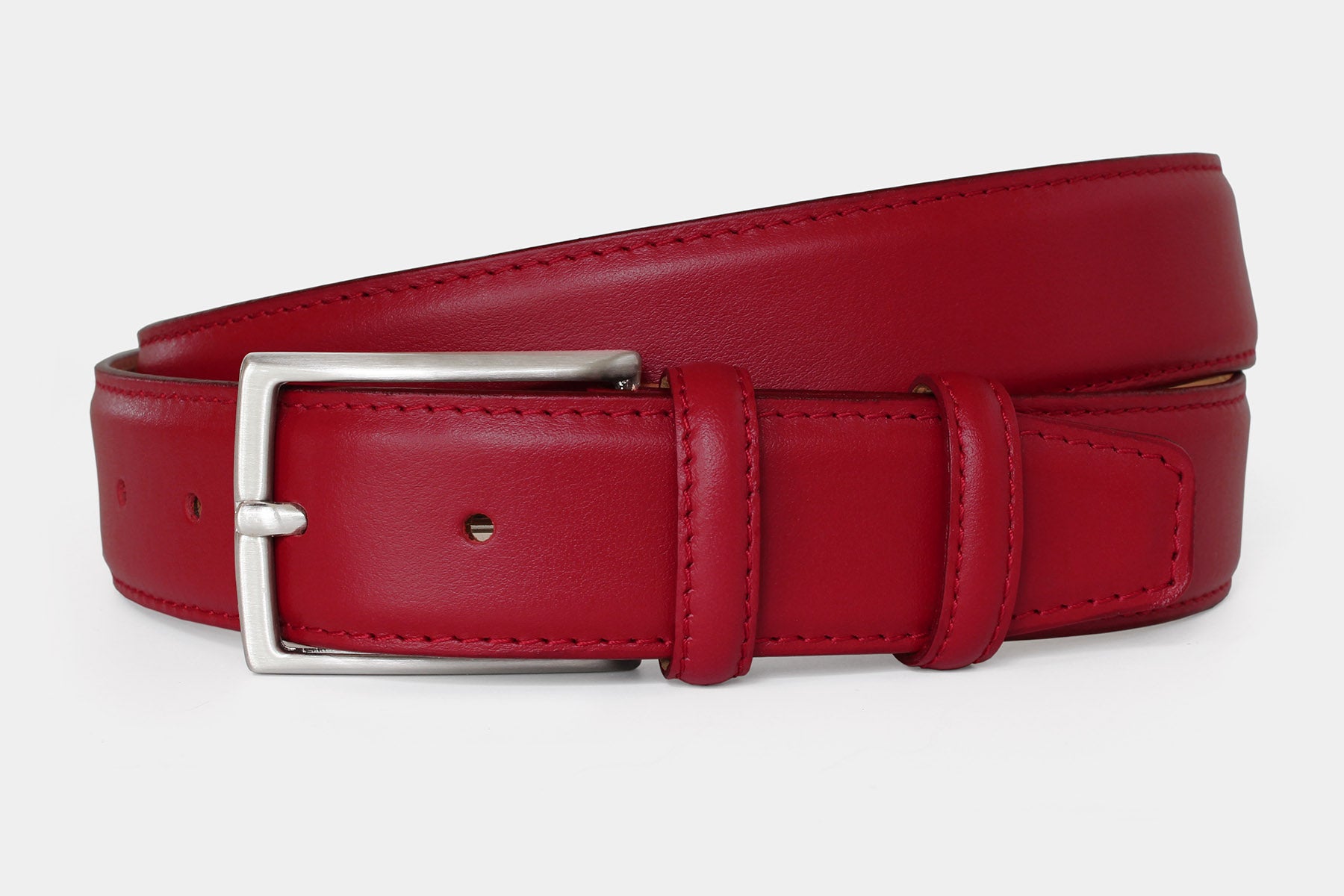 Men’s wine genuine Italian calfskin leather belt with classic solid brass buckle and stitched edge finish.