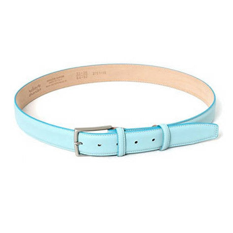 Men’s ice blue calfskin Italian leather belt with a classic solid brass buckle and stitched edge. Handmade in Italy.