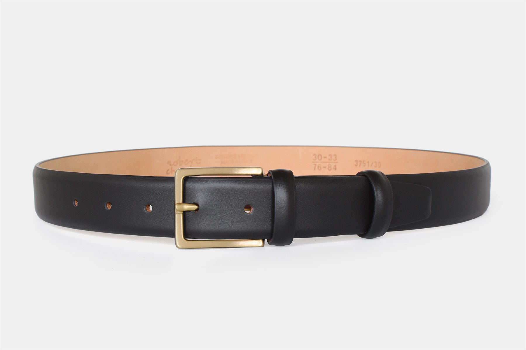 Men’s black calfskin Italian leather belt with gold buckle and feather edge finish in slim 30mm. Made in Italy.
