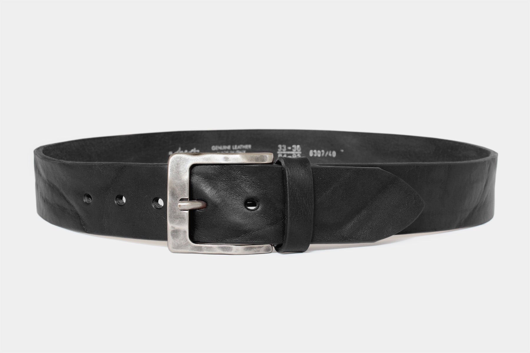 Men’s black Italian solid hide leather jeans belt with weathered buckle. Handmade in Italy. 
