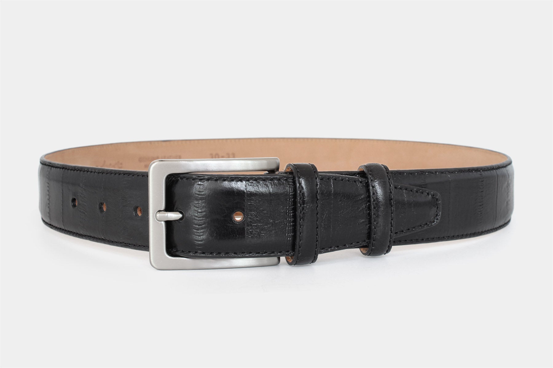 Men’s black eel skin Italian leather belt with classic silver solid brass buckle. Handmade in Italy. 