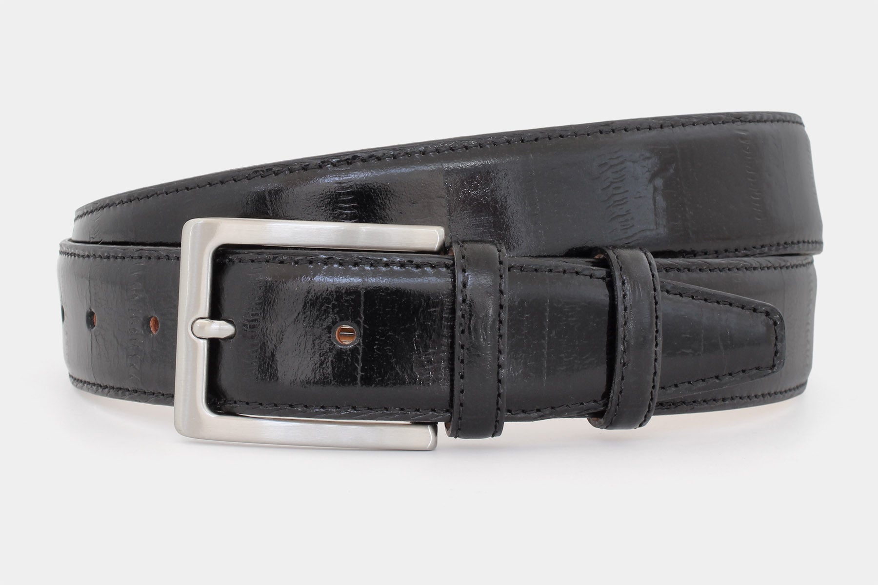 Men's black eel skin genuine Italian leather belt with classic solid brass buckle. Handmade in Italy.