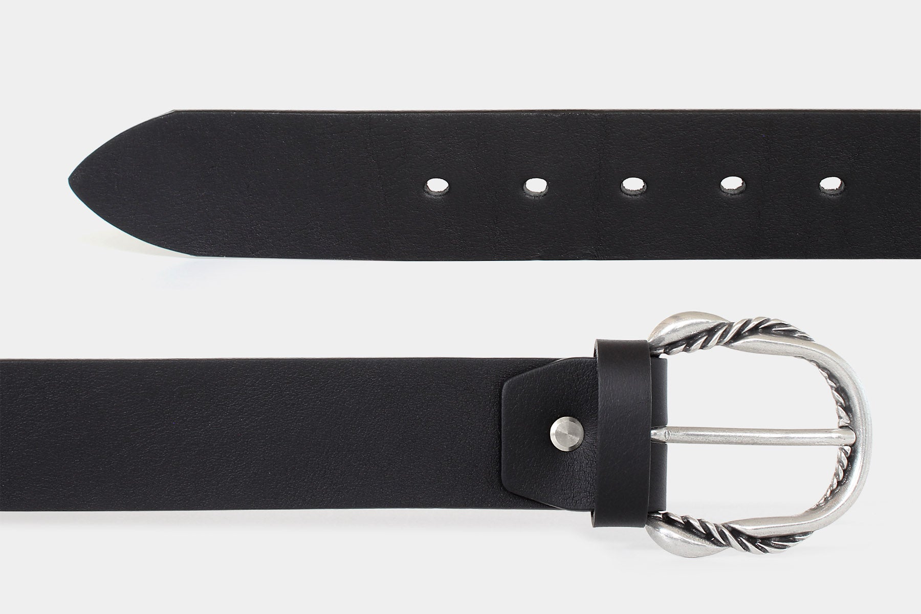 Close-up of black Italian full-grain raw-cut leather belt with silver rope-edge buckle. Handmade in Italy. 