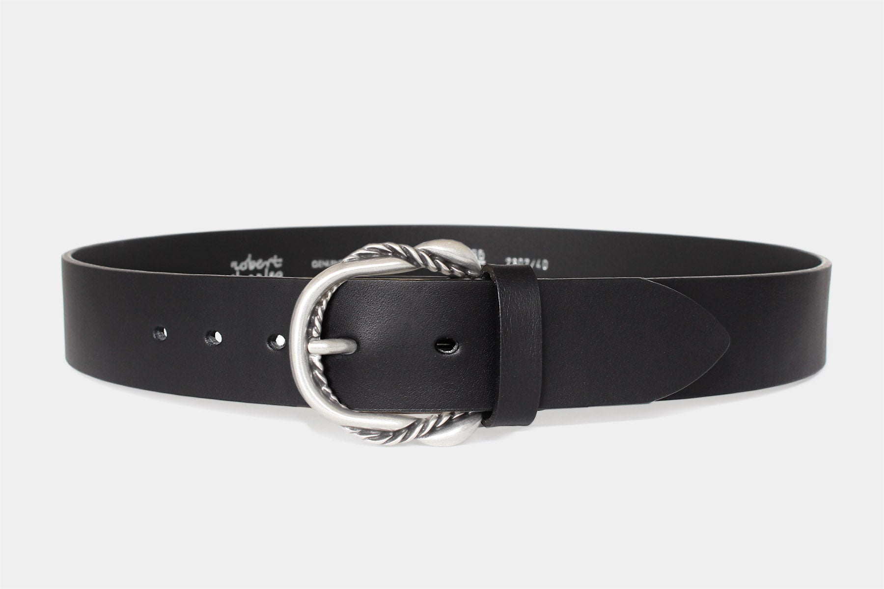 Women’s black Italian full-grain raw-cut leather belt with silver rope-edge buckle. Handmade in Italy. 
