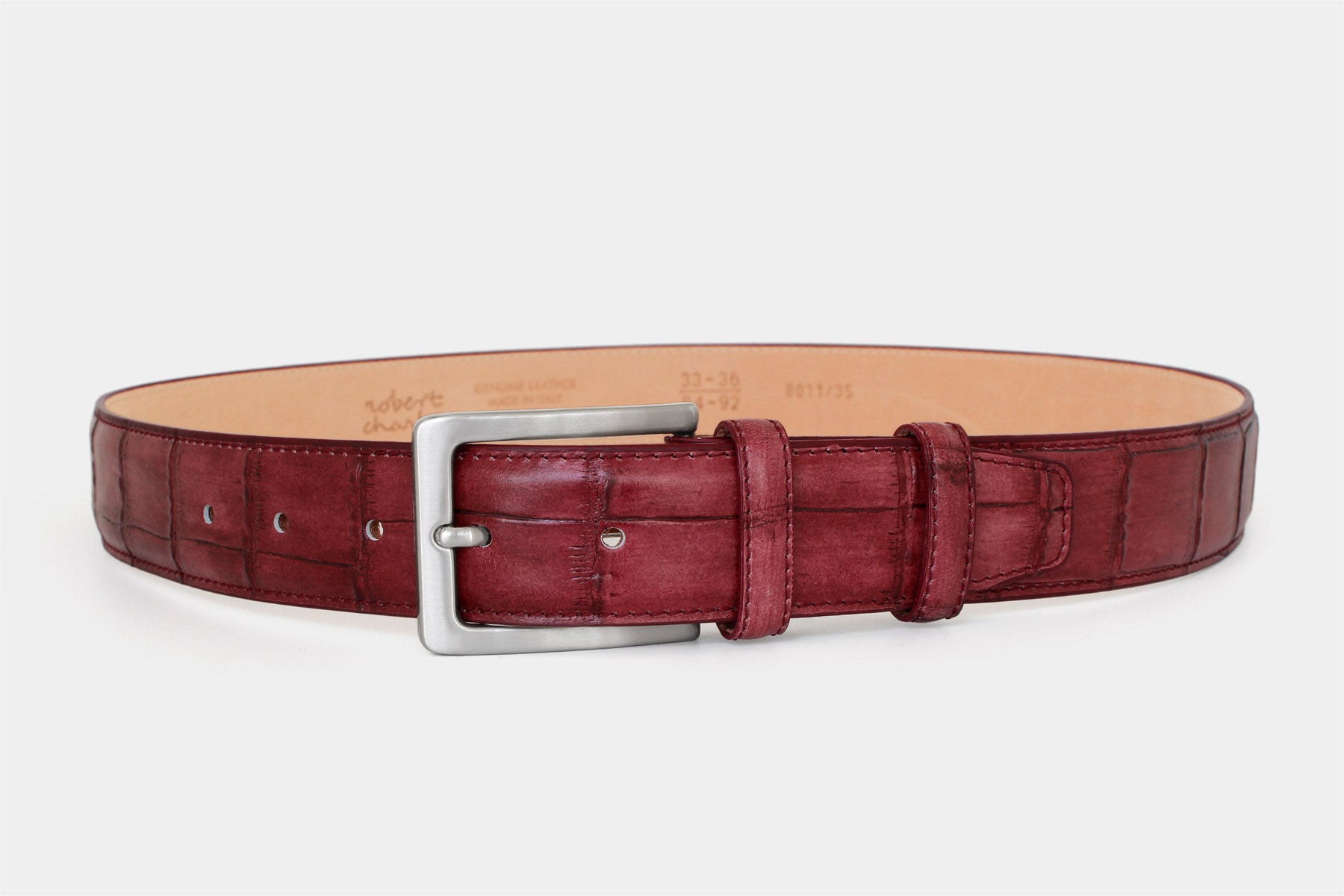 Men's bordeaux crocodile genuine leather belt handmade in Italy with silver buckle