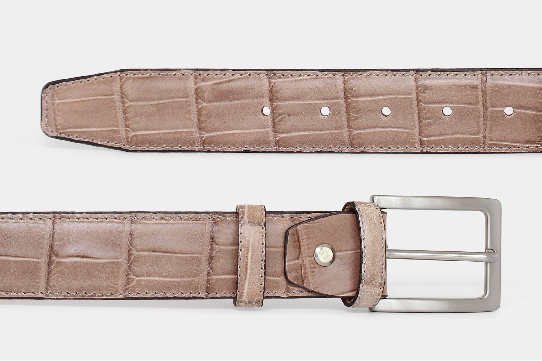 Men’s mocha crocodile Italian leather belt, detail view of leather and solid brass buckle. Handmade in Italy.