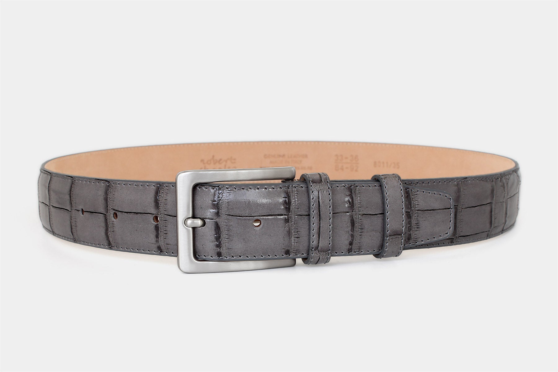 Men's grey crocodile genuine leather belt handmade in Italy with silver buckle
