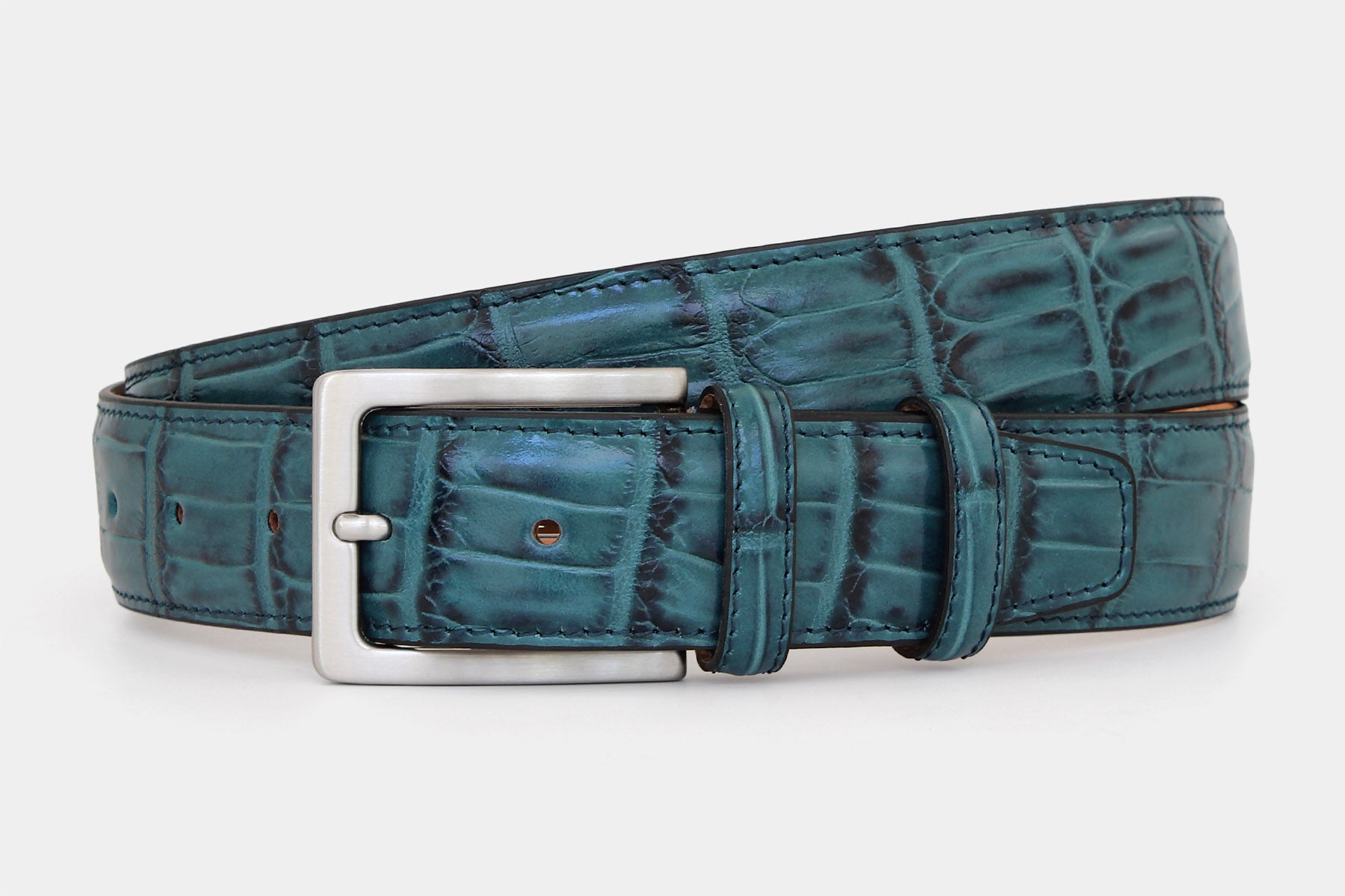 Men's petrol crocodile genuine leather belt handmade in Italy with silver buckle, angled product view