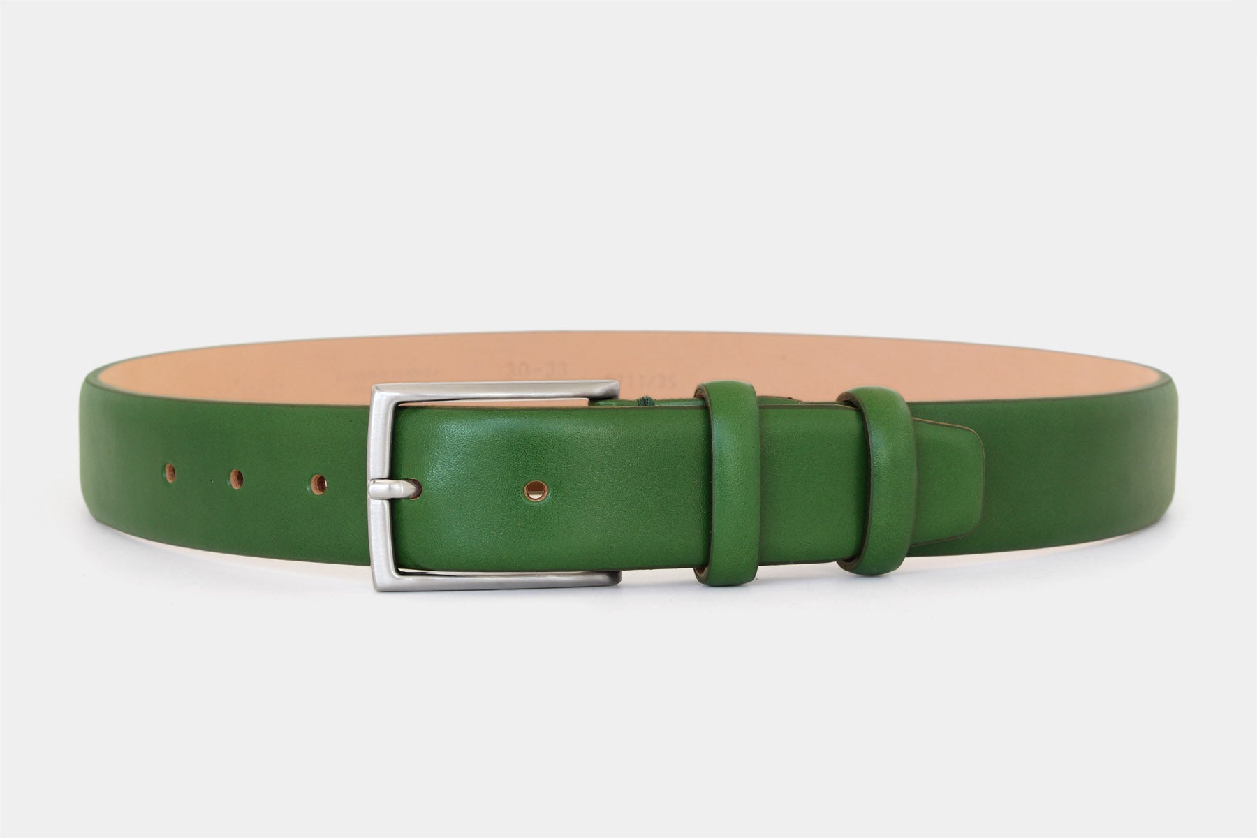 Men’s green smooth genuine Italian leather belt with classic solid brass buckle and feather edge finish. 
