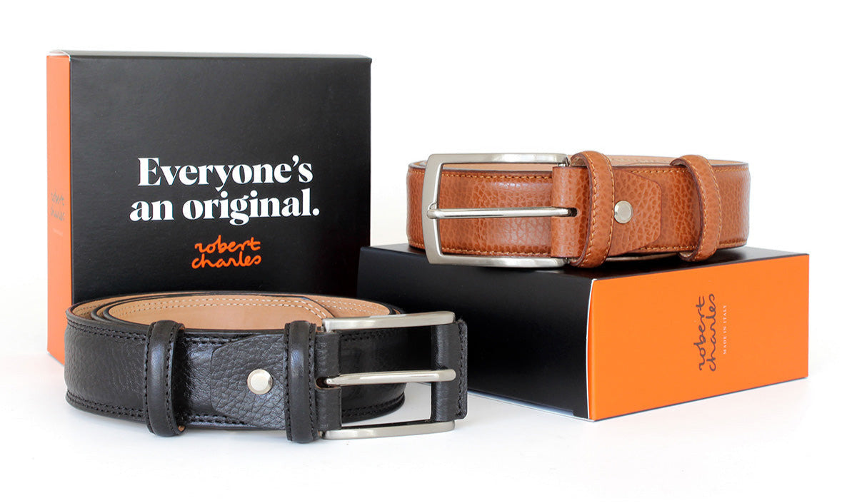 Premium genuine Italian leather belts with silver buckle, displayed with Robert Charles gift box 