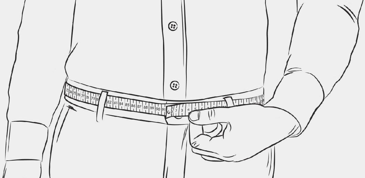 Drawing of a person sizing a belt by measuring their waist as per belt size guide instructions.