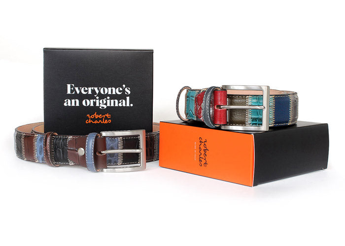 Men's Italian Patchwork leather belts with solid brass buckle, displayed with Robert Charles gift box 