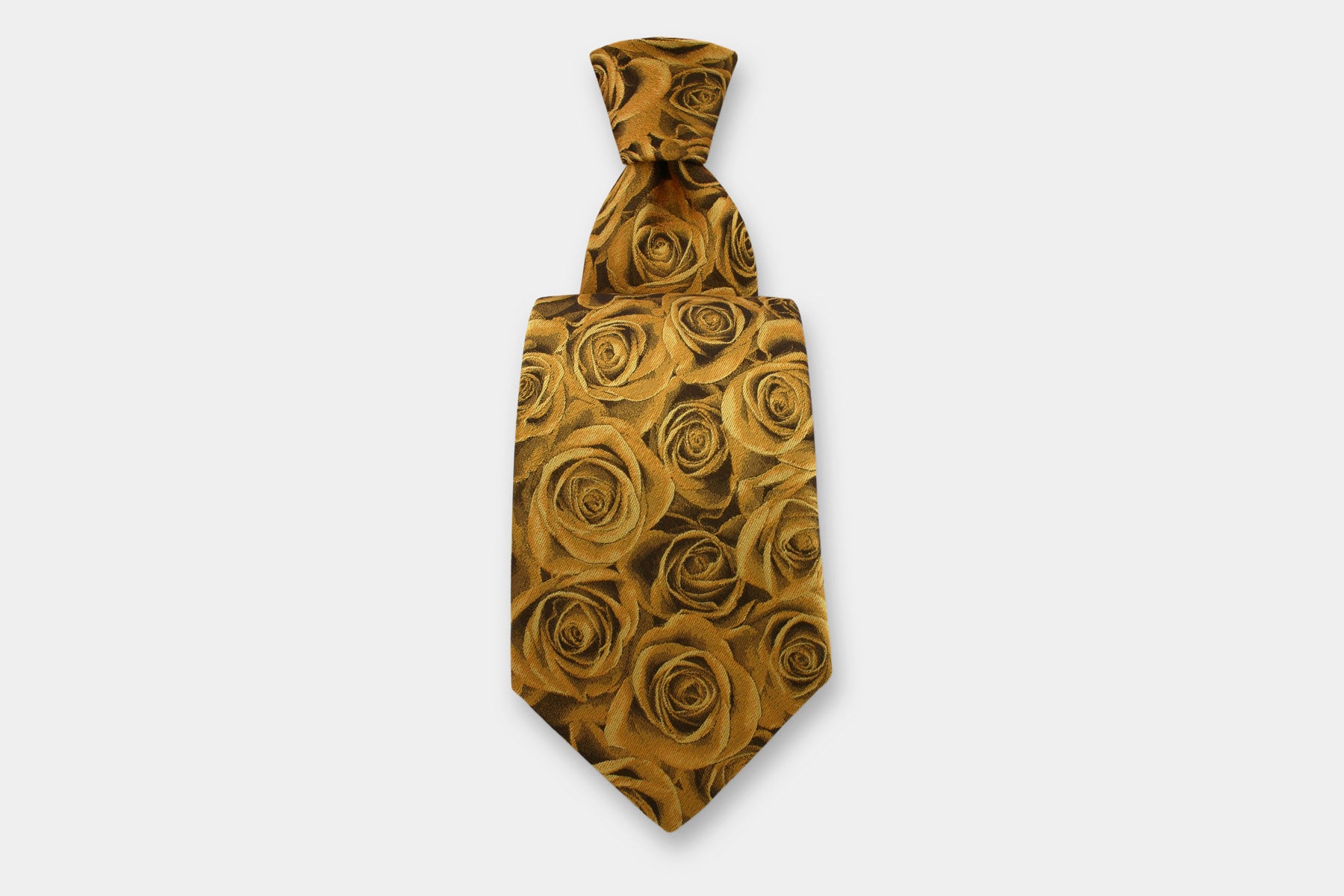 Robert Charles silk tie with a rose design in gold. Handmade in Italy, presented with a classic knot.